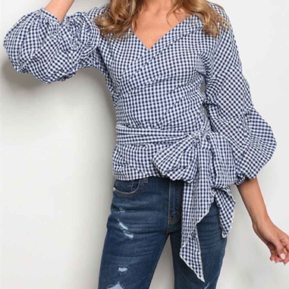 Blue and white gingham wrap shirt